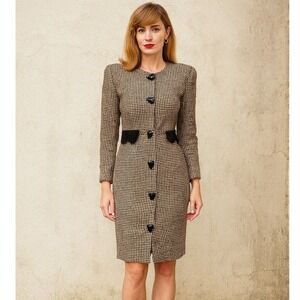 Vintage 80s Cynthia Howie Petites Houndstooth Dress 4 USA Velvet Trim Power Look